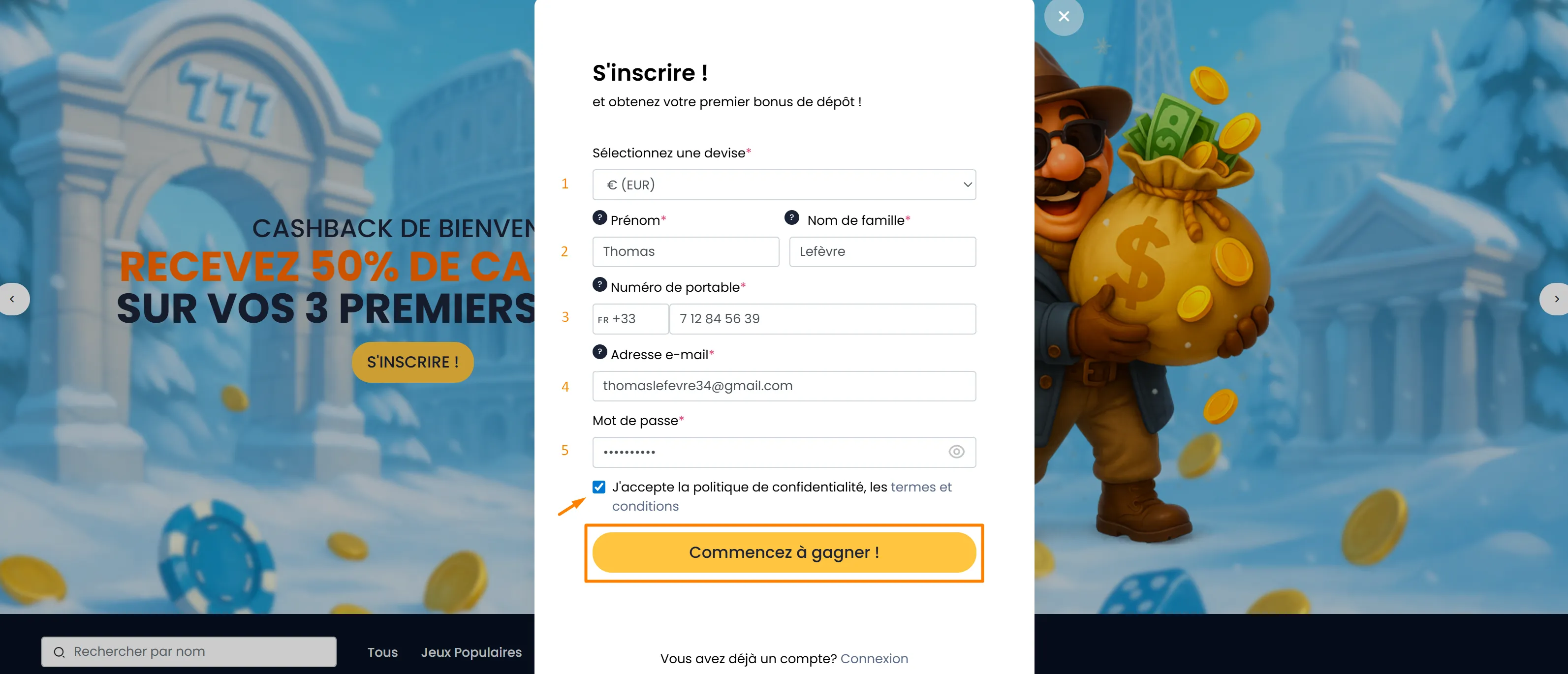 Formulaire de création de compte Europe777